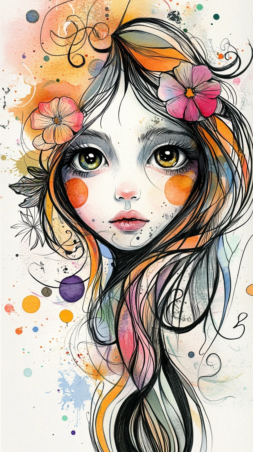 Portrait de fille bohème aux cheveux flottants et accents floraux