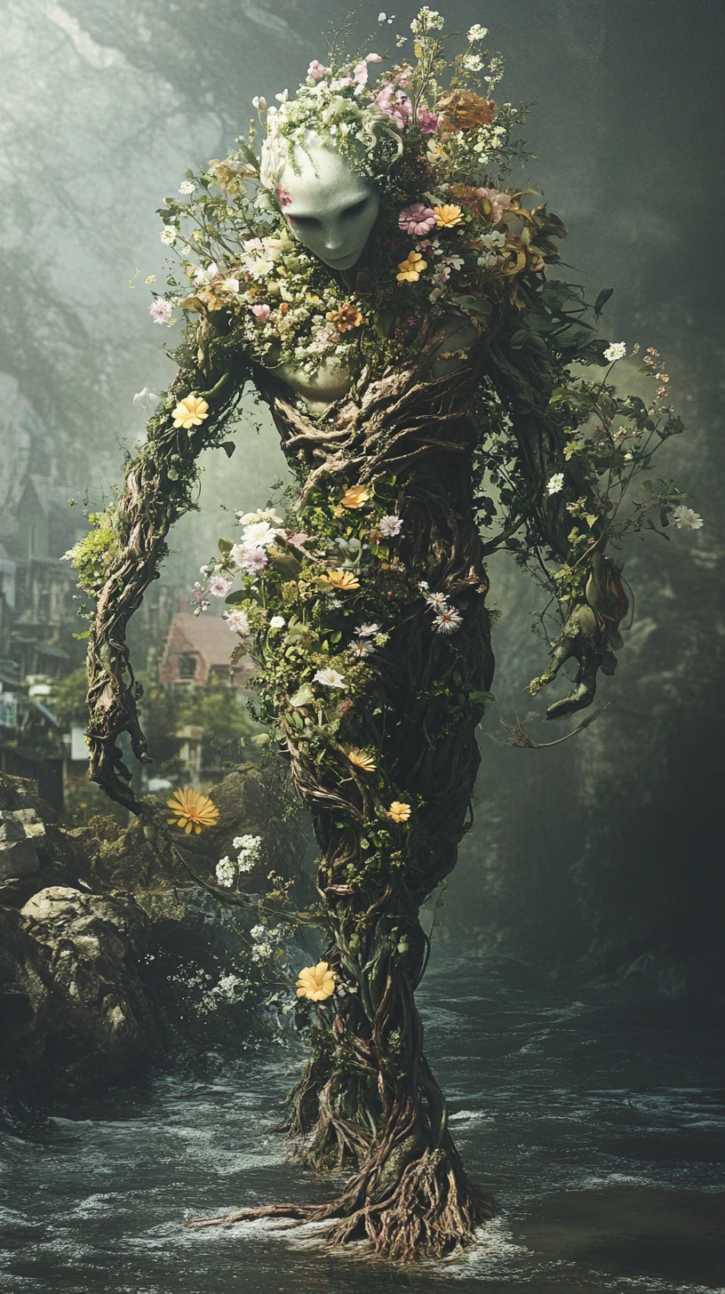 Nature spirit of flowers and ocean rising by the shore