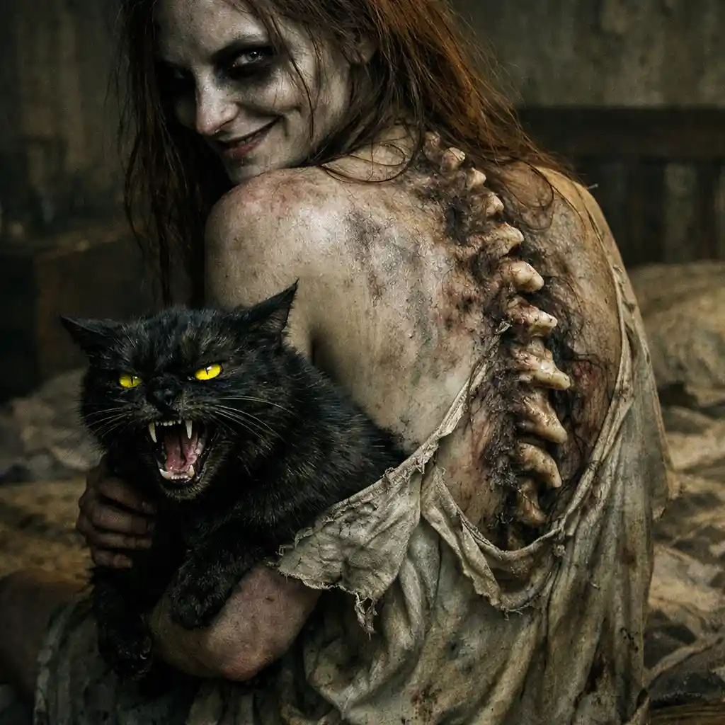 Gaunt woman on decaying bed with hissing black cat