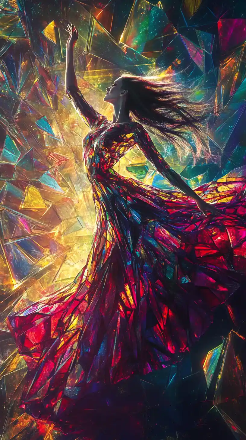 Surrealer Tänzer in einem leuchtenden geometrischen Buntglas-Kleid