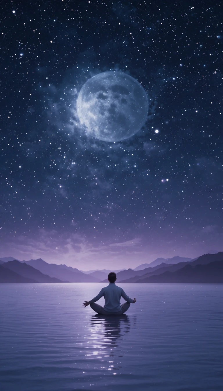 Person Sitting By Moonlit Lake Under Starry Night Sky