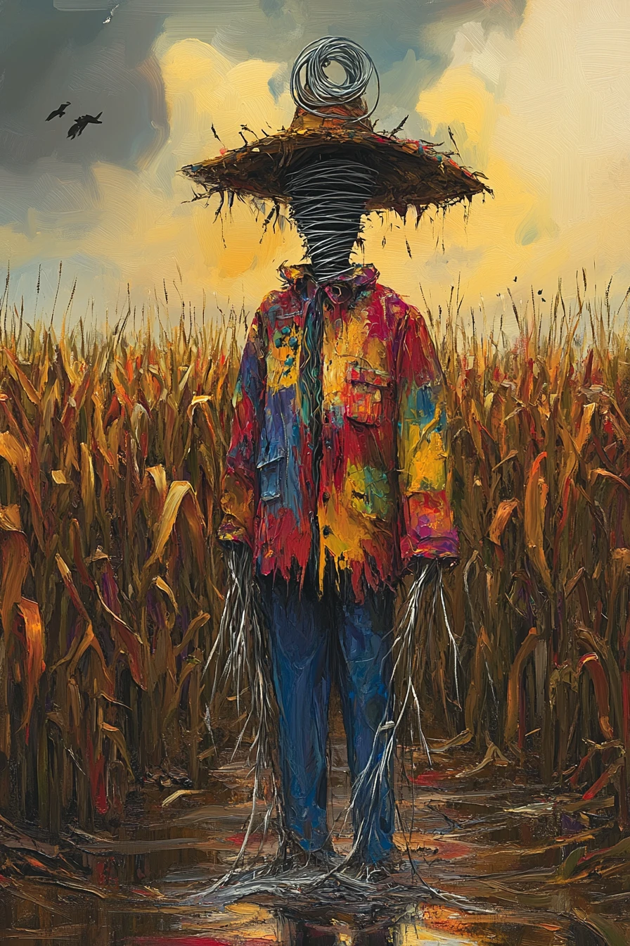 Surreal scarecrow in a drenched autumn cornfield at dusk