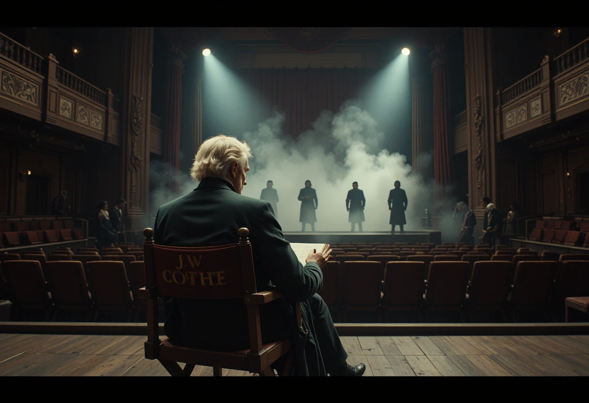 Director in green coat writing script on theater stage