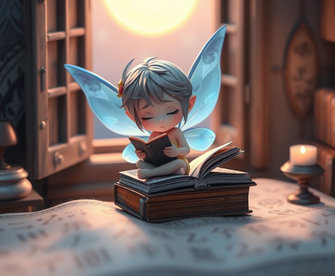 Cute anime pixie girl reading on a stack of books
