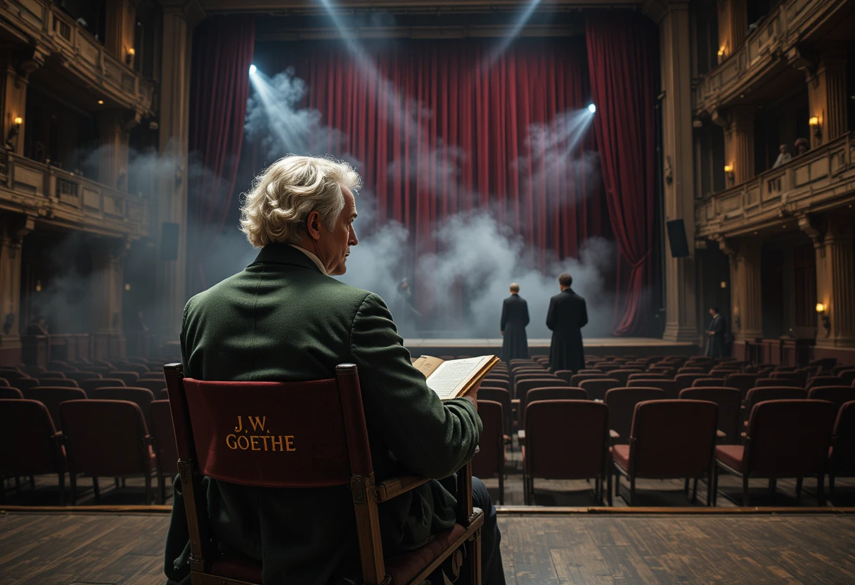 Director in green coat writing script backstage in theater