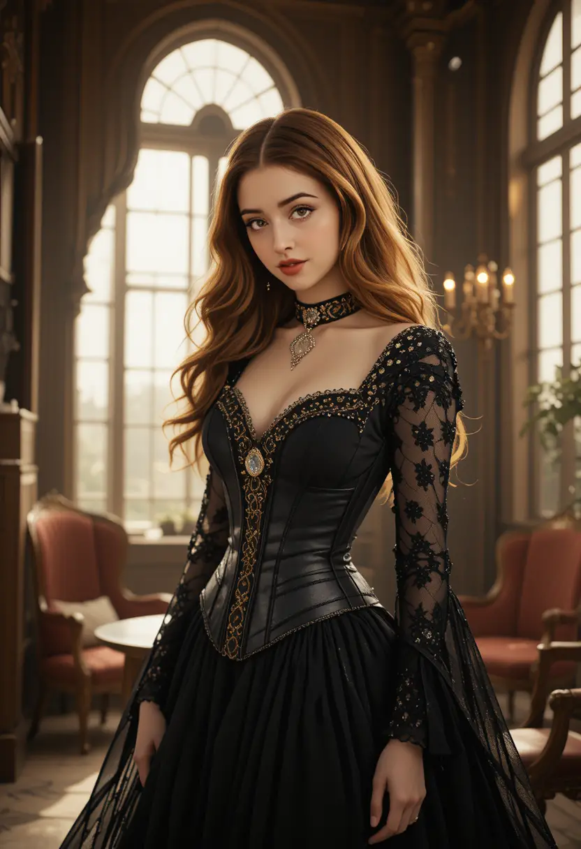 Elegant anime girl in gothic victorian dress indoors
