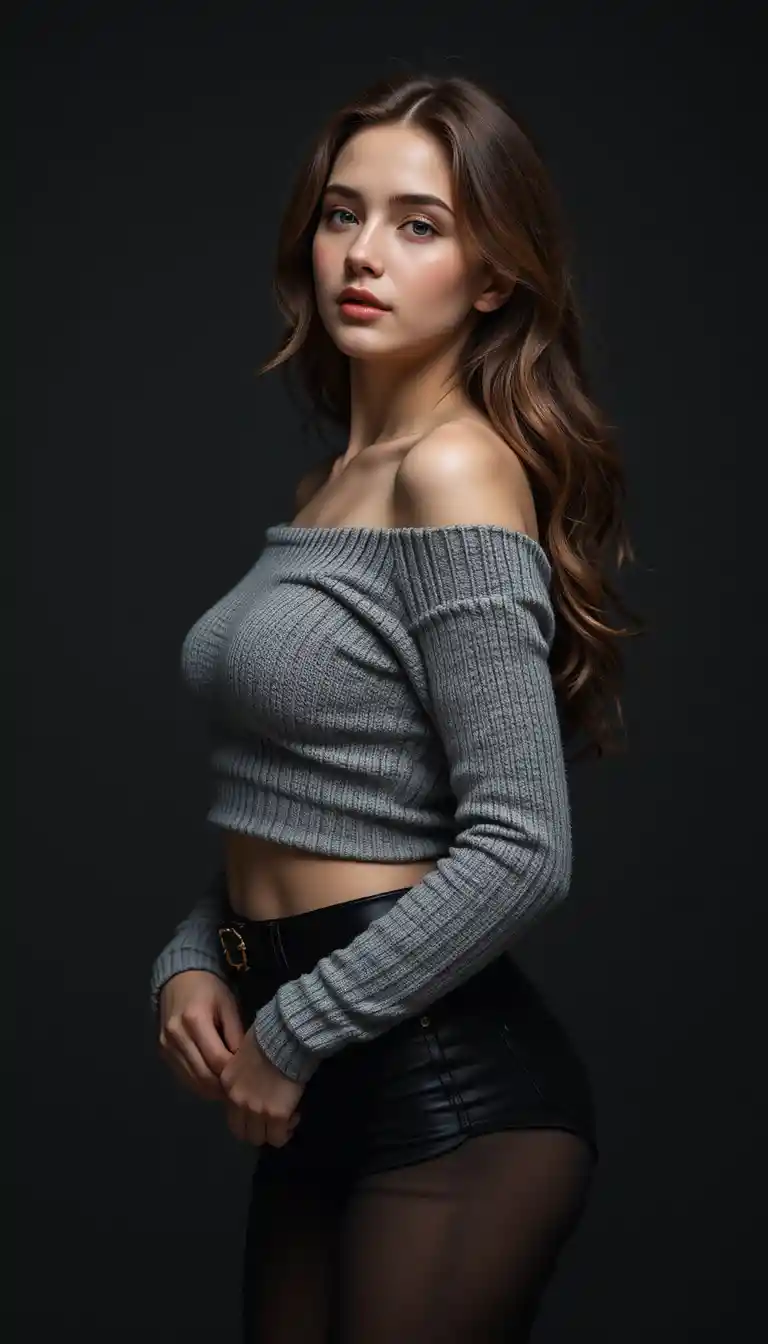 오프숄더 스웨터를 입은 젊은 여성의 스튜디오 인물 사진