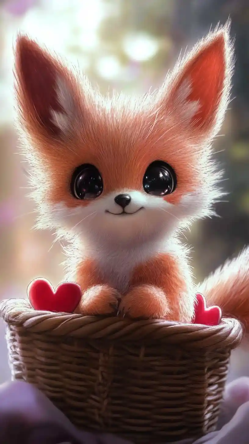 Cute fox with big pink ears in a heart basket