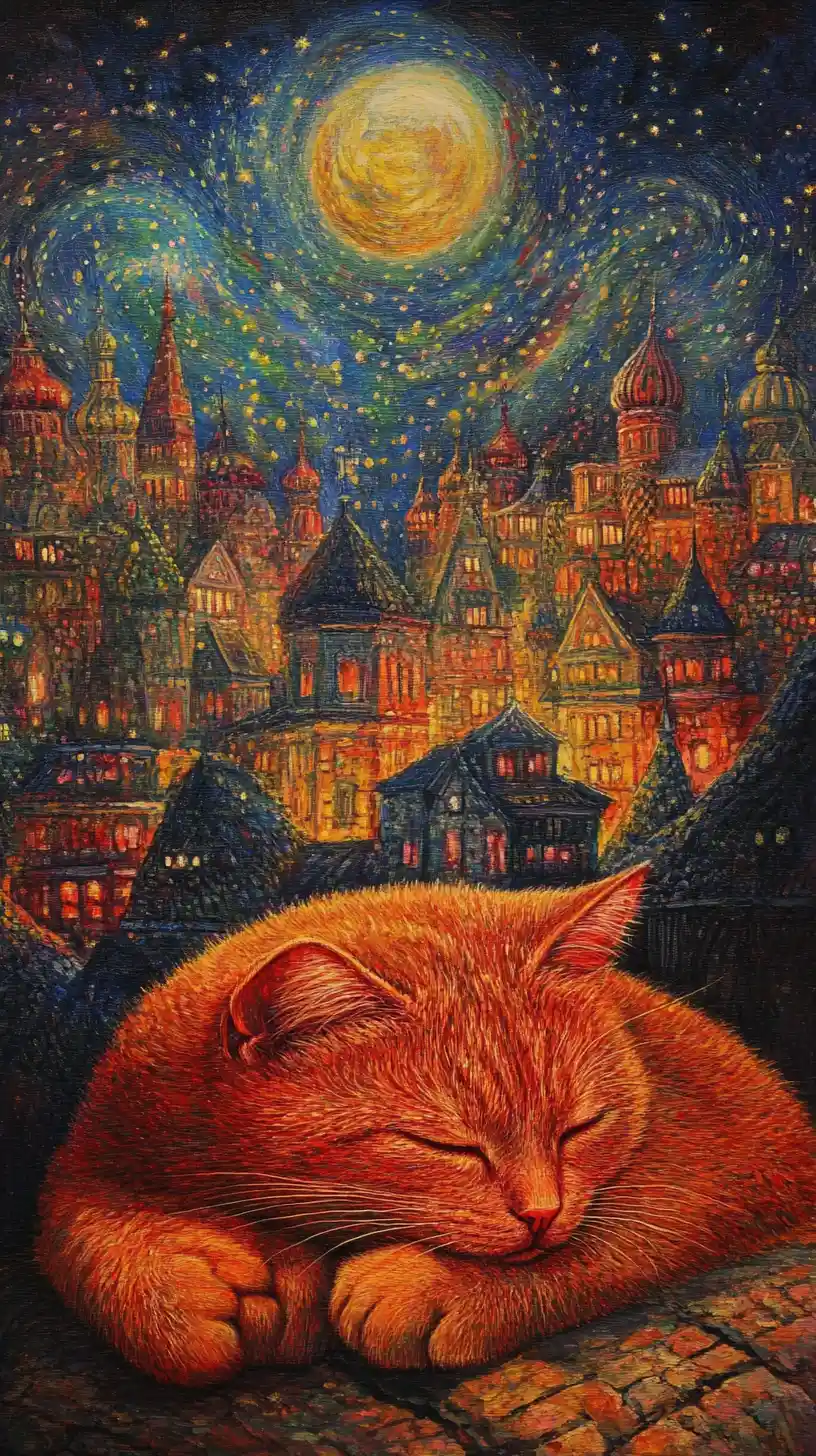 Red cat sleeping peacefully above a glowing night city