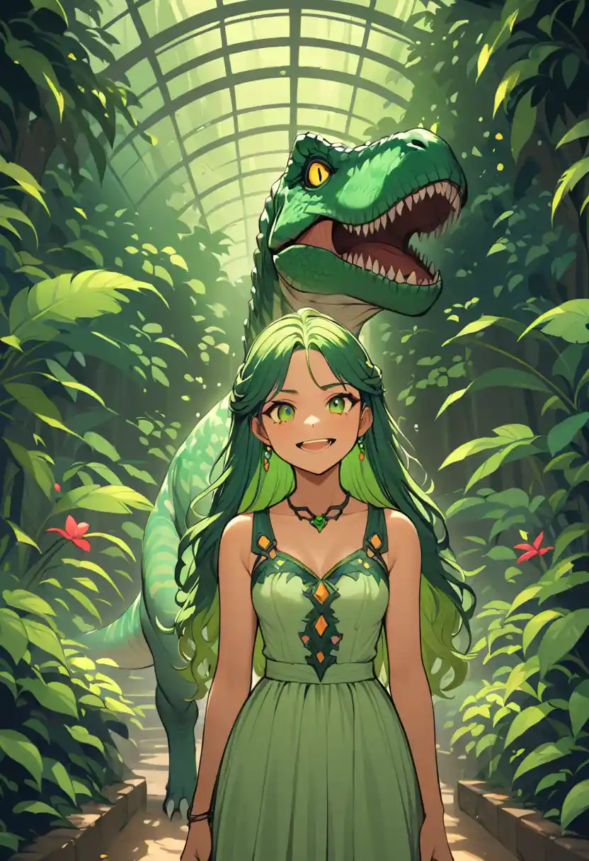 Ragazza anime sorridente in serra con dinosauro amichevole