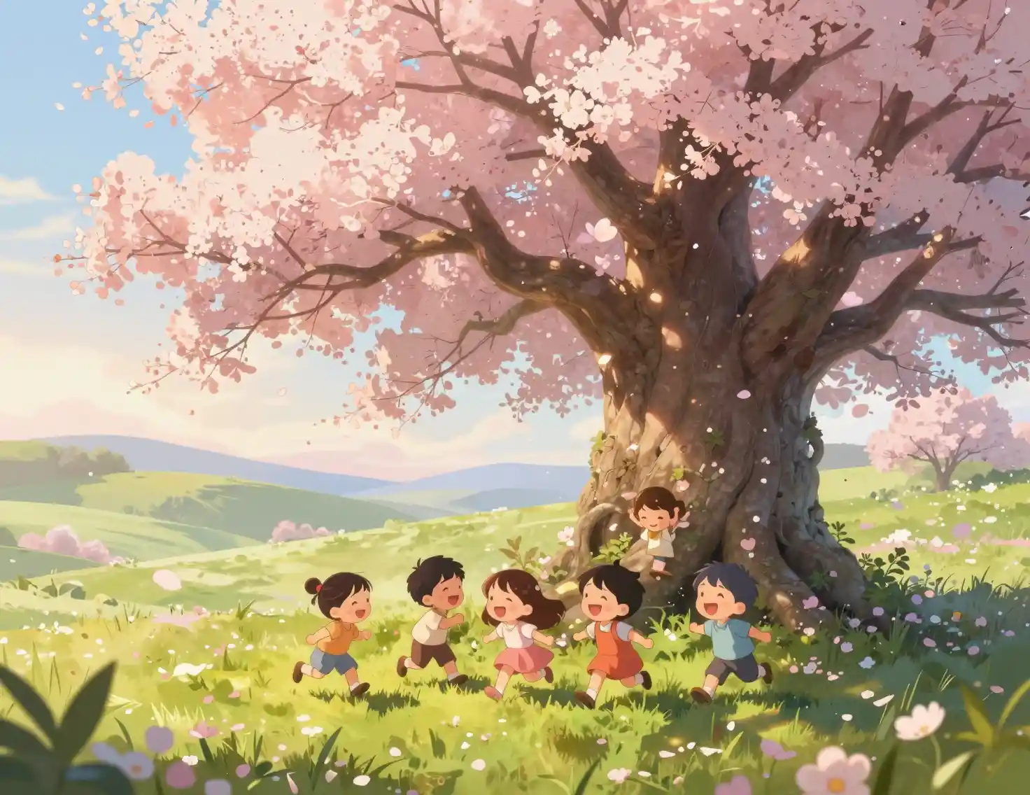 Children playing hide and seek under a flowering tree