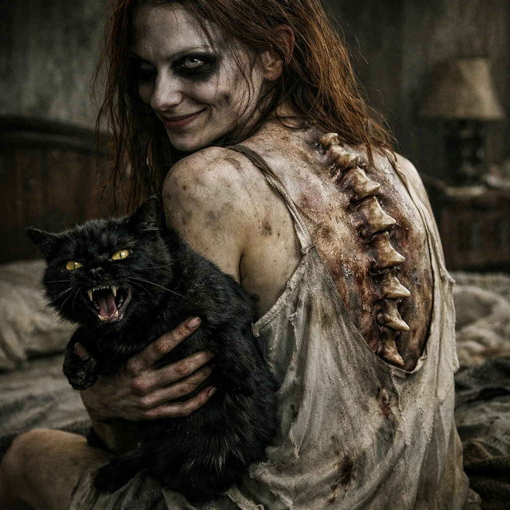 Gaunt woman on decaying bed with hissing black cat