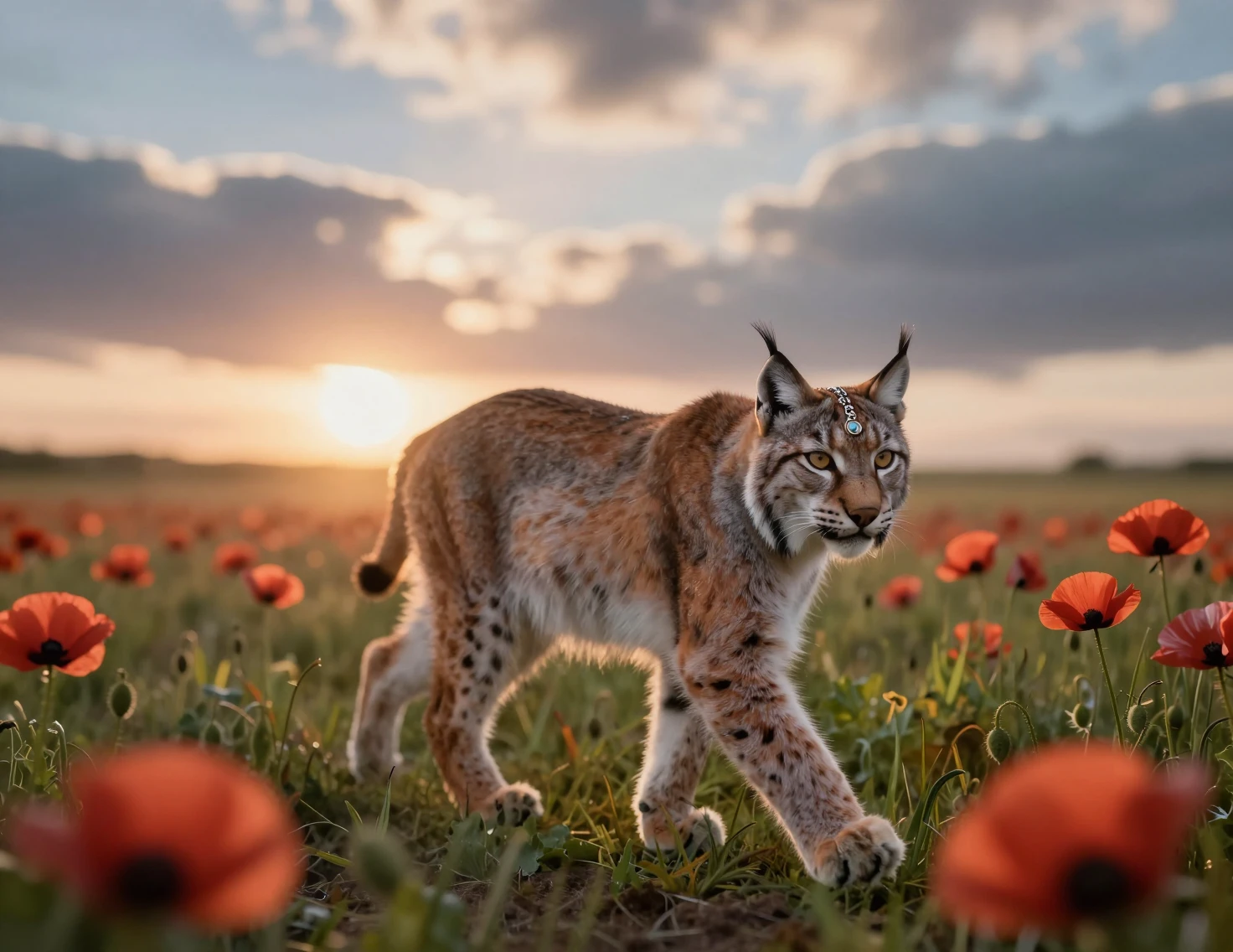 Mountain lynx walking through a sunlit field of poppies