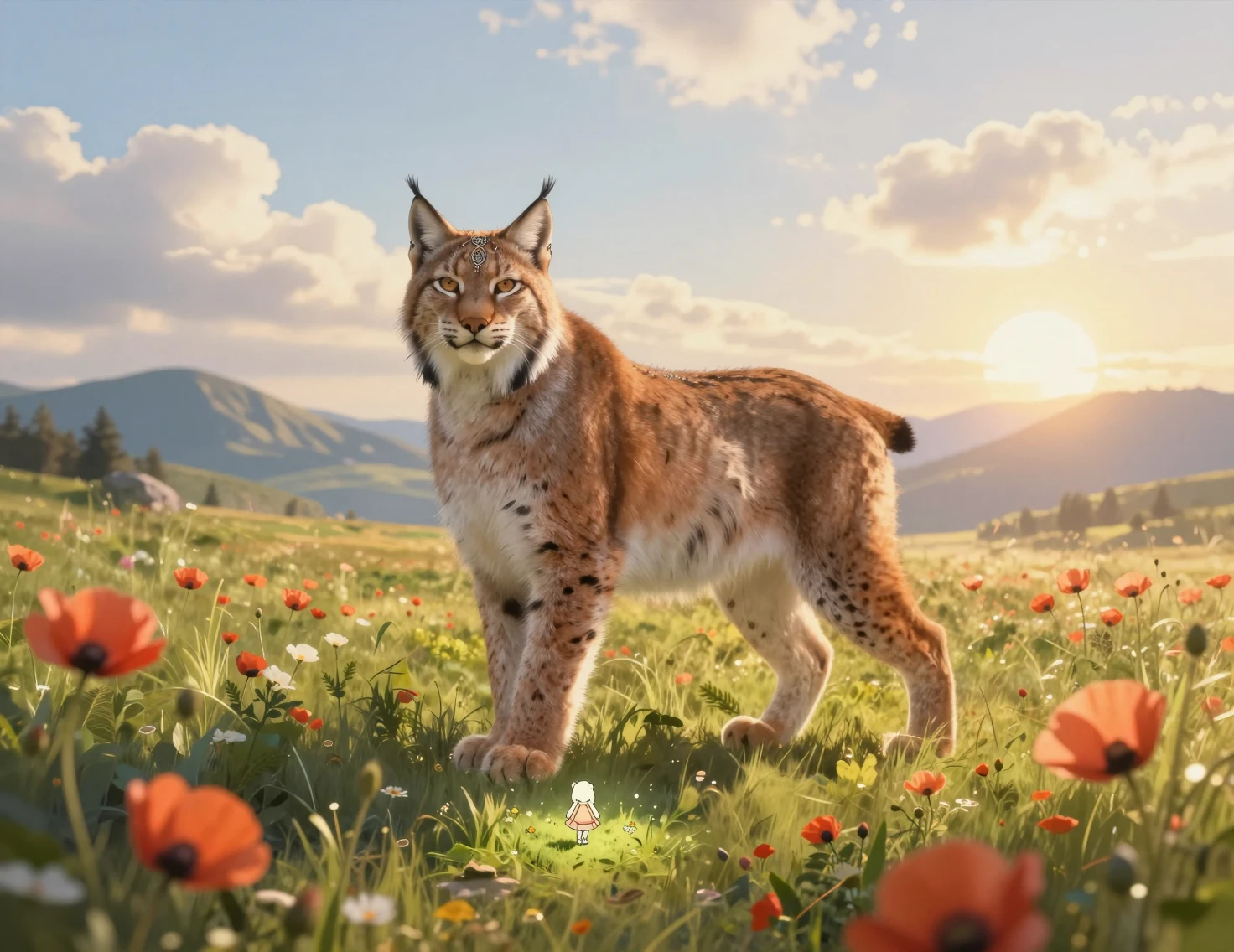Fantasy lynx walking through a sunlit poppy field