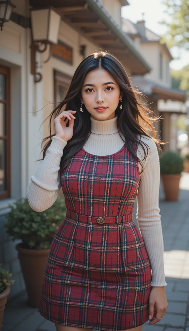 Selbstbewusste Frau im Tartan-Trägerkleid an einem sonnigen Tag