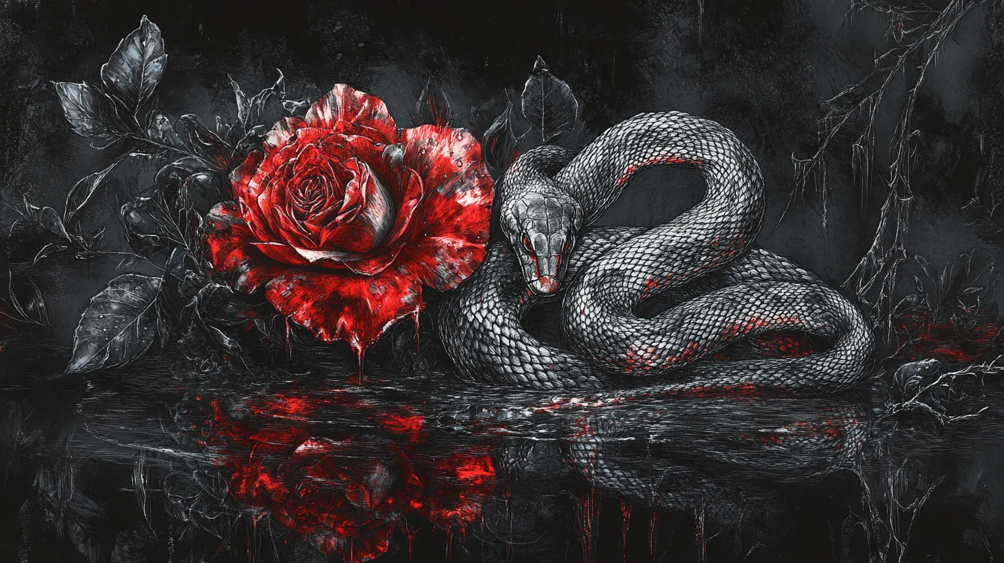 Cobra Wrapped Around Red Rose In Mystical Twilight Garden