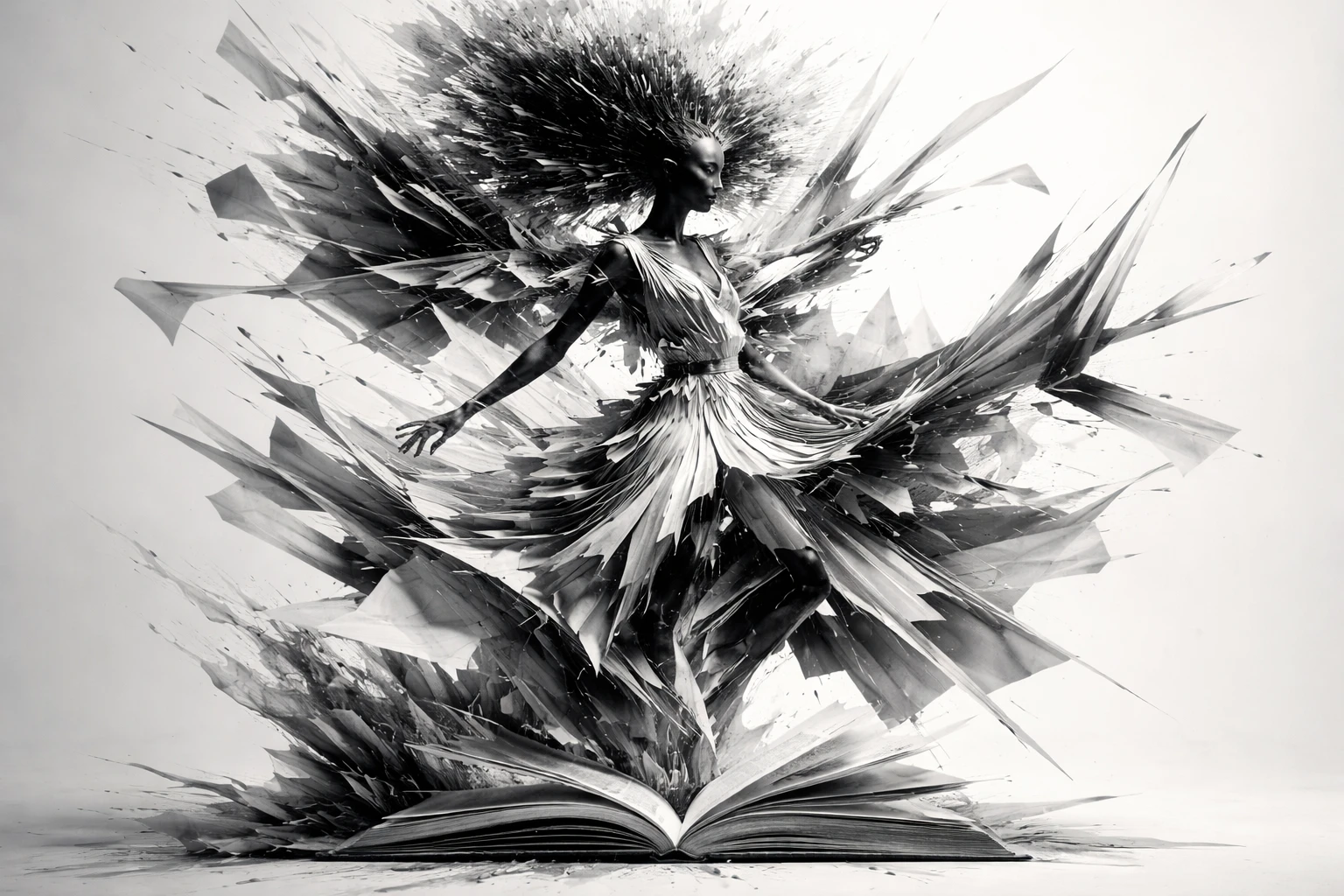 Abstract feminine form dissolving into fragmented monochrome geometry