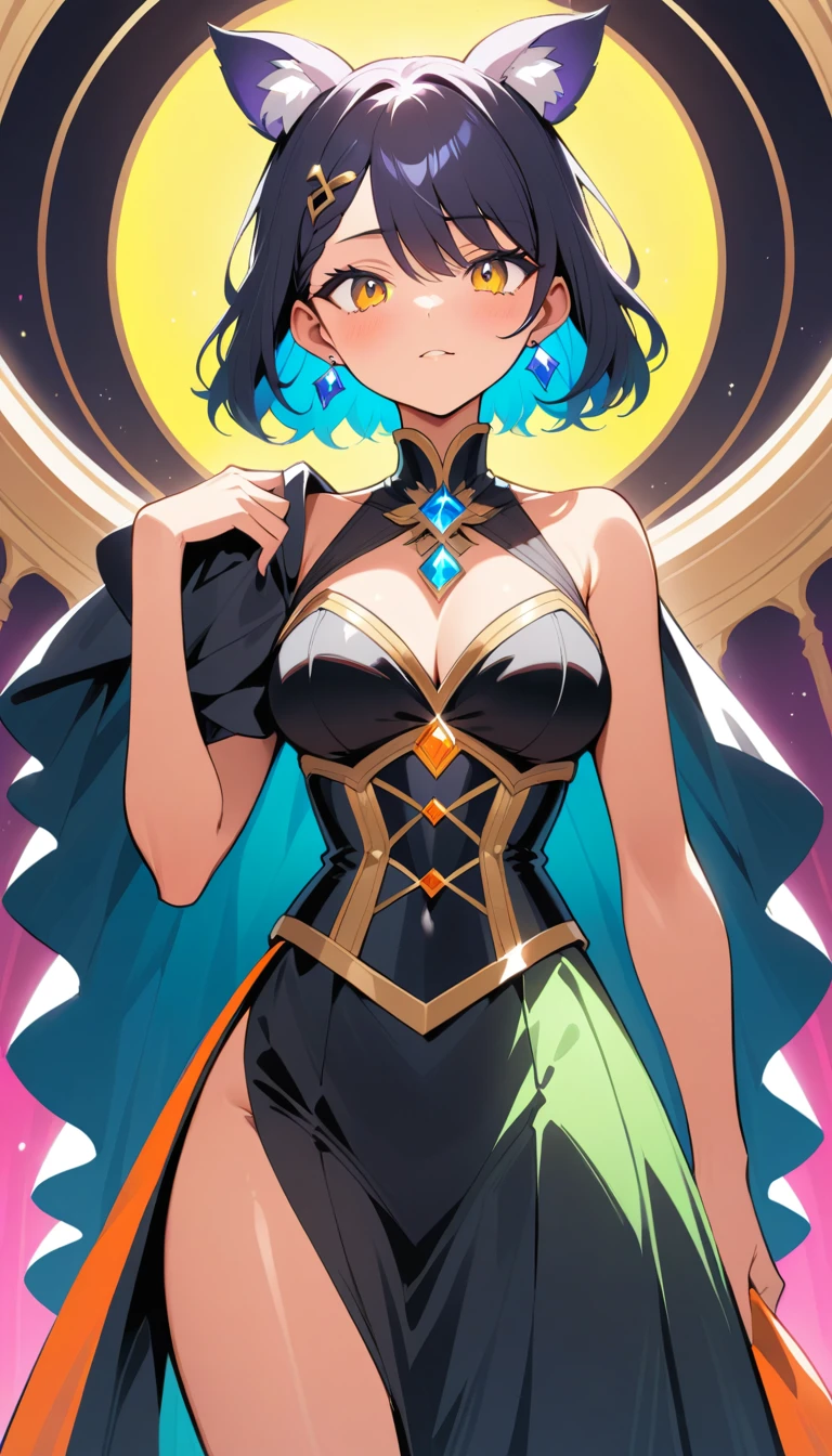 Elegante ragazza anime in abito gotico in una villa illuminata dal sole