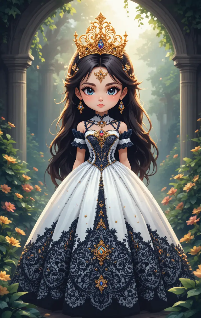 Pixel art portrait of a regal princess in a garden