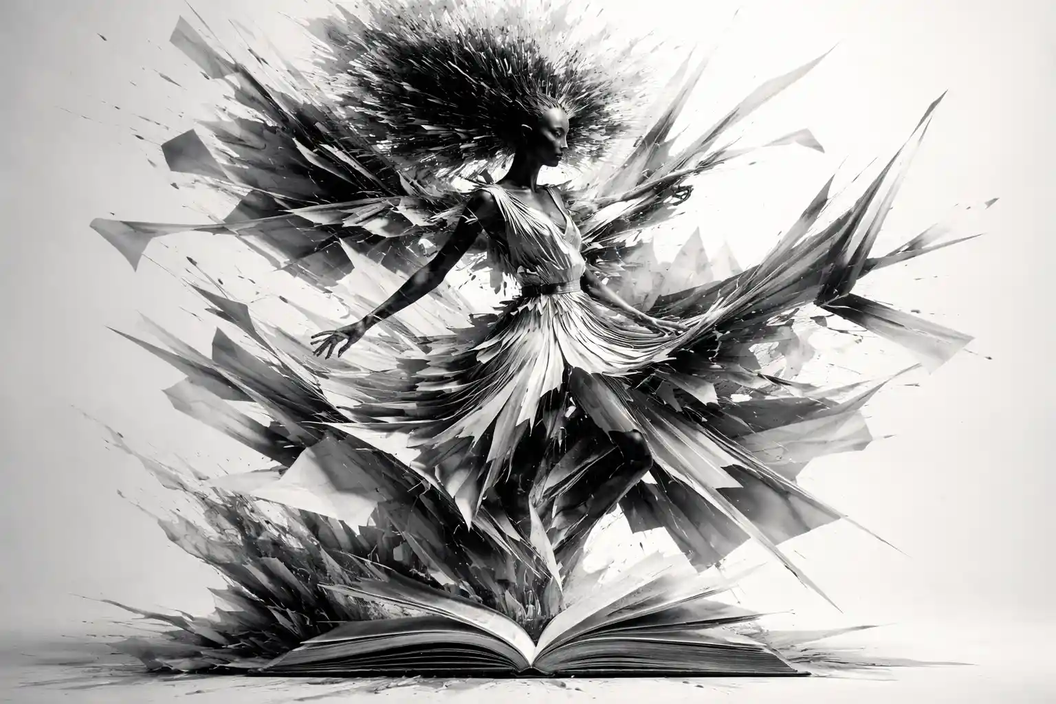 Abstract feminine form dissolving into fragmented monochrome geometry