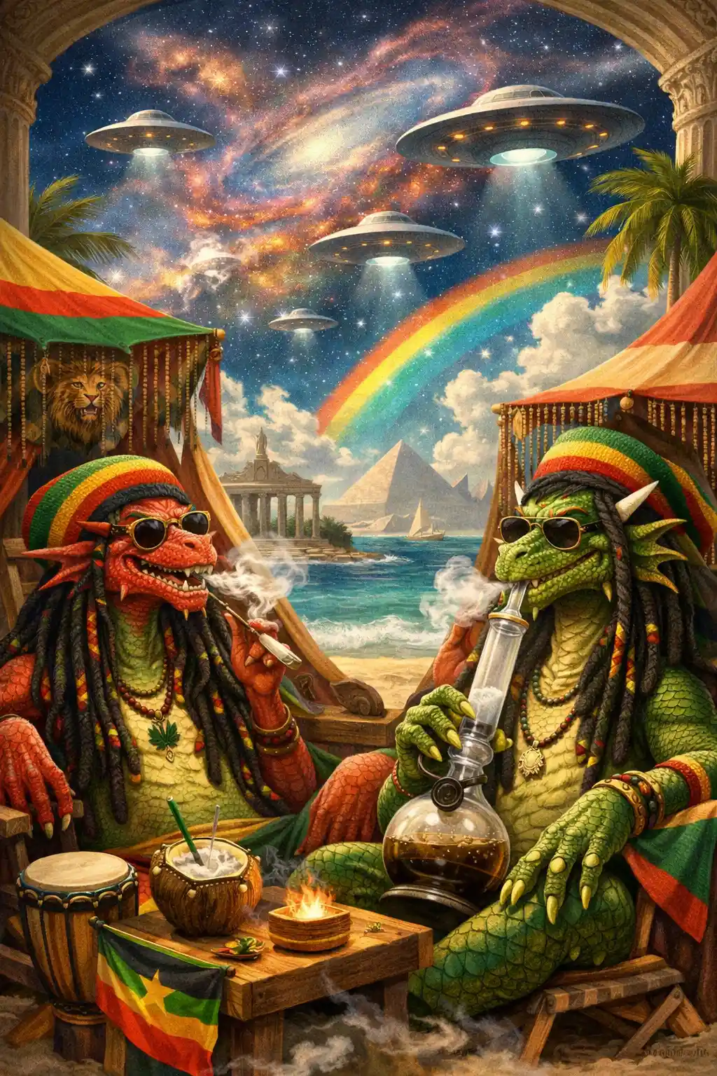 Due draghi rasta amici che si rilassano insieme in spiaggia