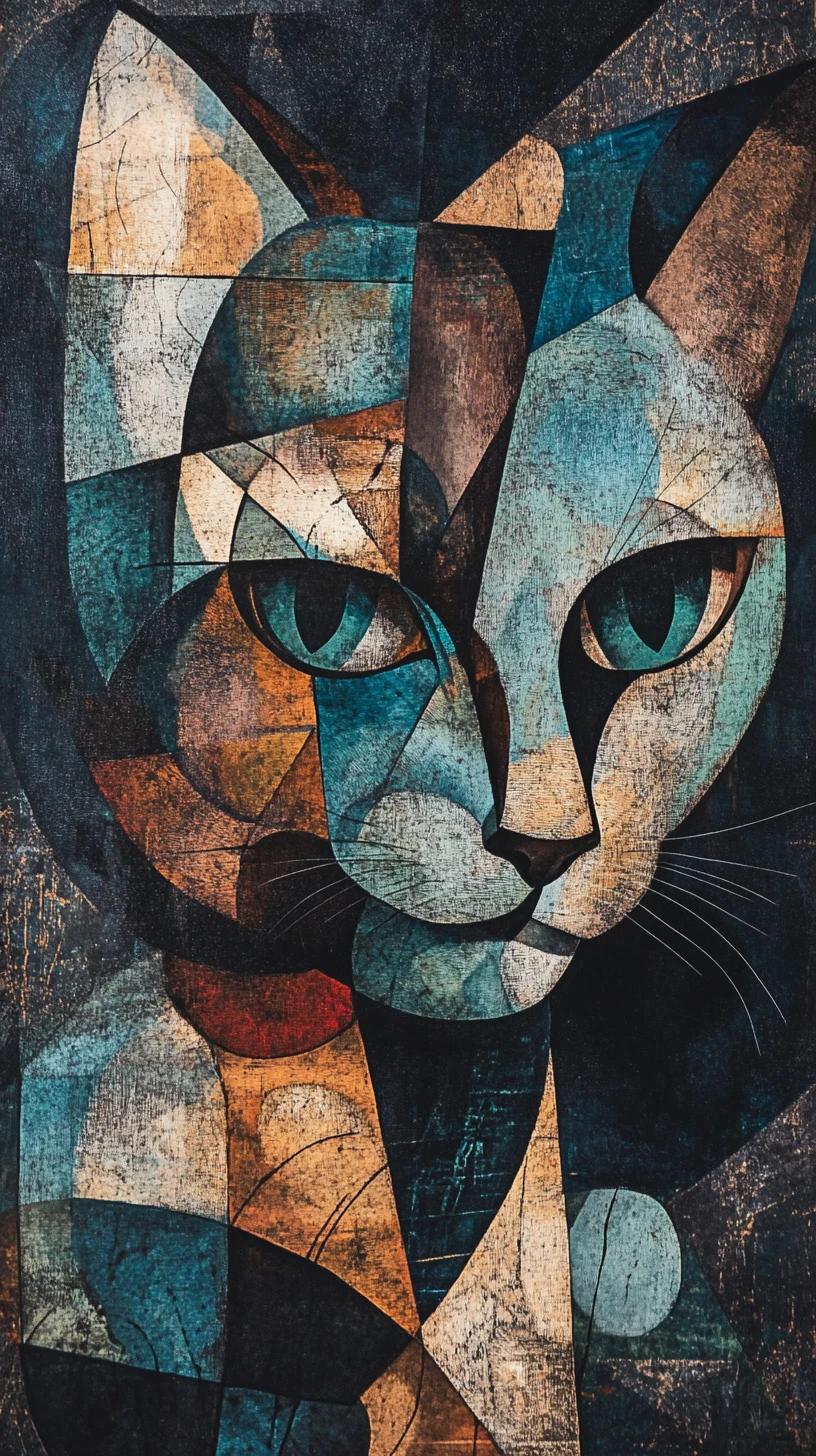 Surreales kubistisches Porträt einer fragmentierten geometrischen Katze