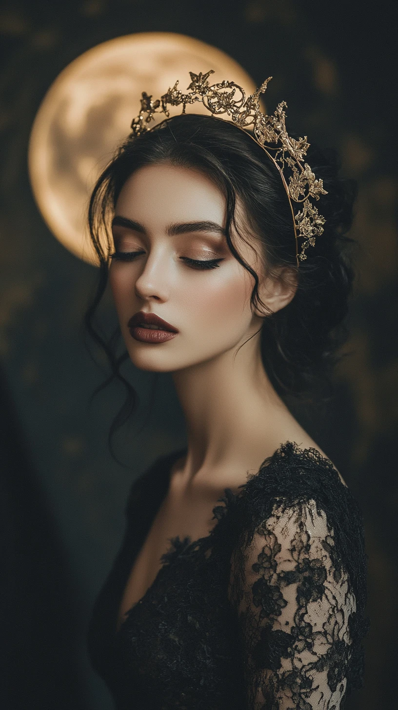 Gothic bride in shadow with crescent crown and eclipse sky