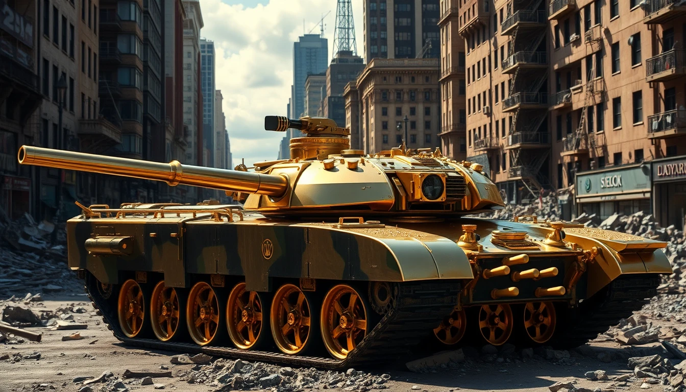 Nickel plated tank with gold wheels in ruined city streets