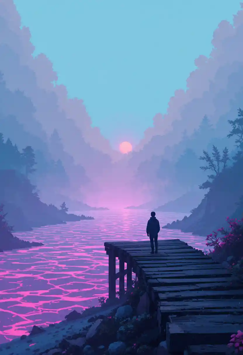 Lago in pixel art su una riva nebbiosa all’alba rosa