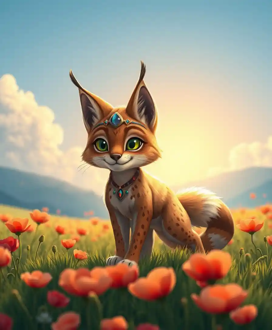 Chibi anime lynx walking through a sunlit poppy field