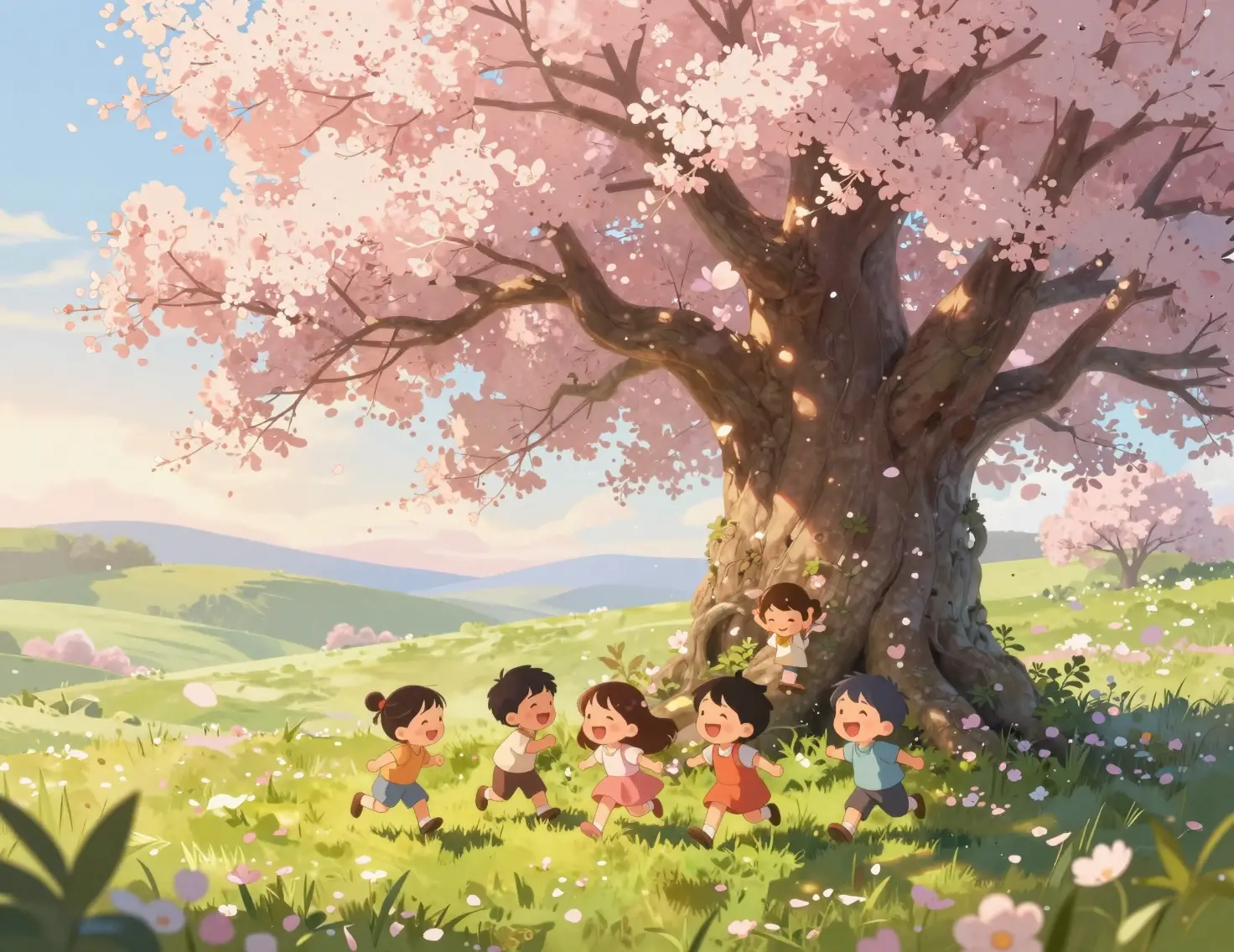 Children playing hide and seek under a flowering tree