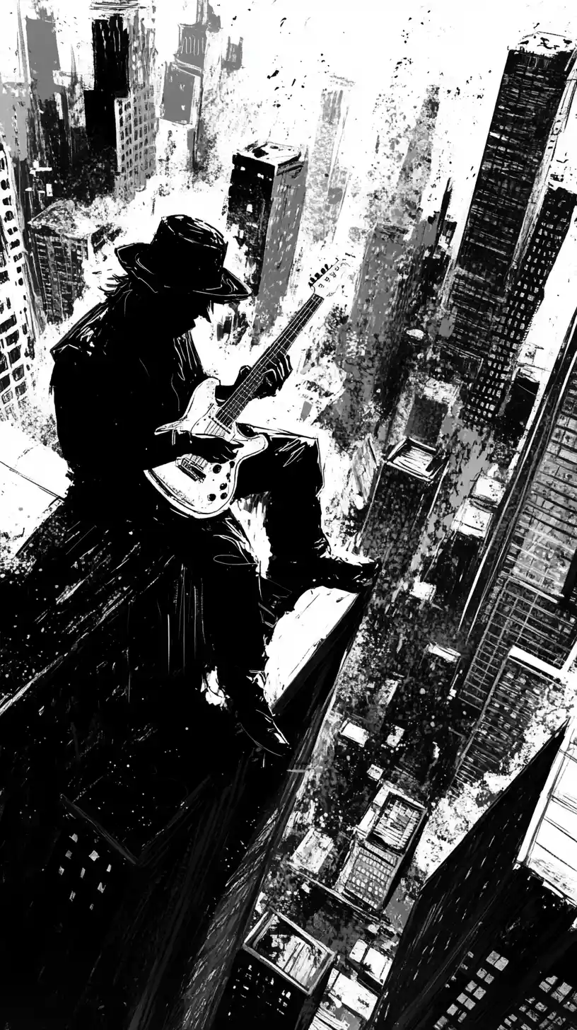 Blues guitarist sitting on a city rooftop edge at night