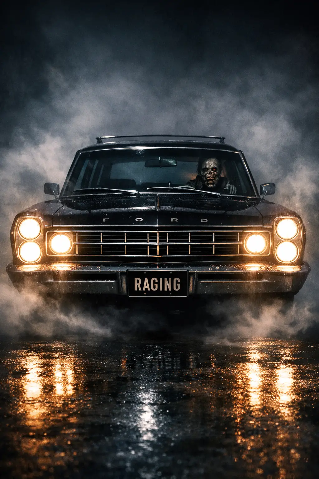 Station wagon vintage con zombie su strada notturna nebbiosa