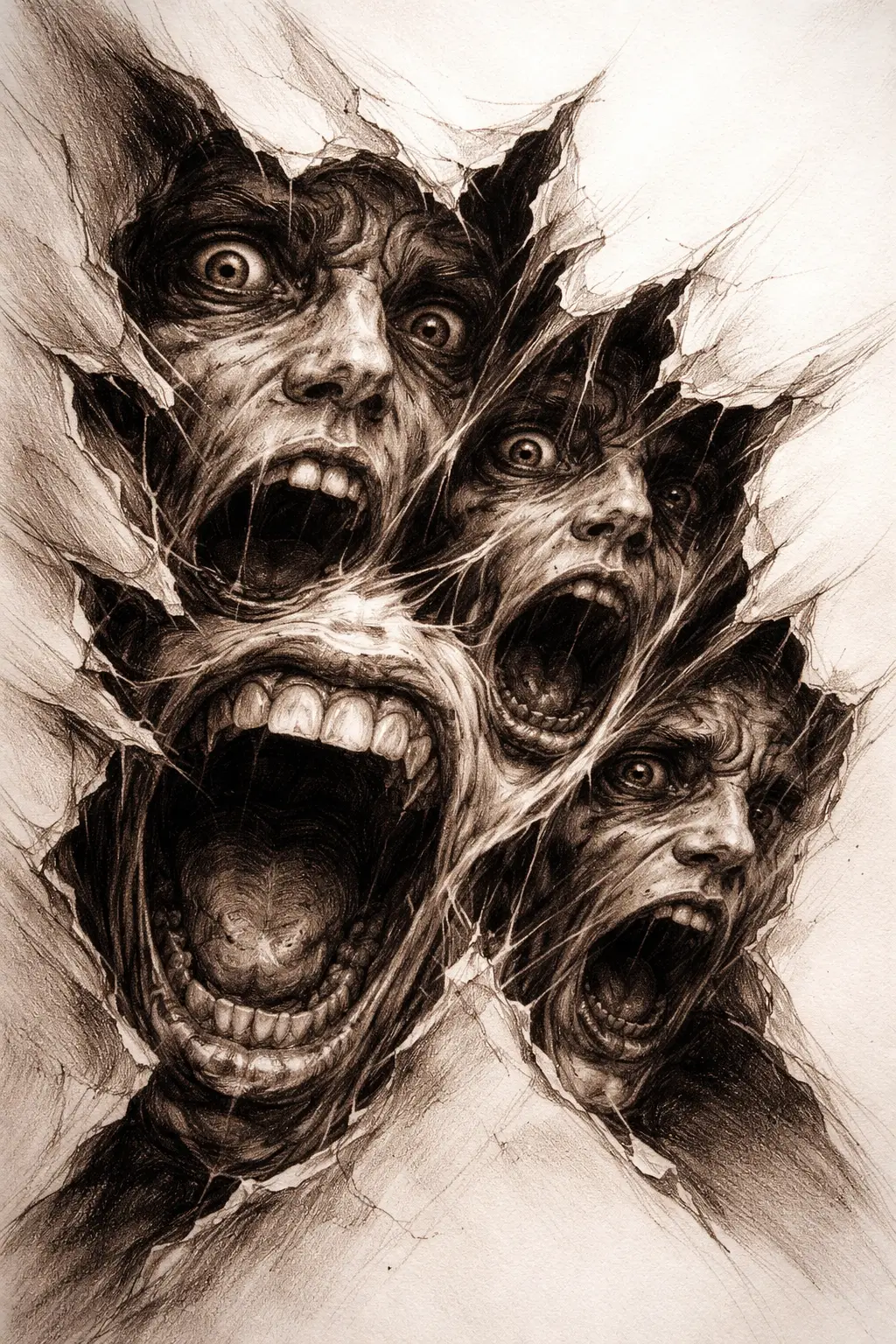 Fragmented pencil drawing of distorted screaming human faces