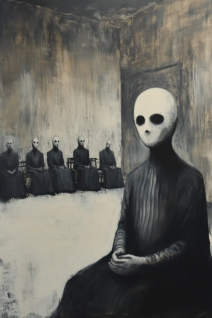 Featureless masked figure seated in a stark industrial room
