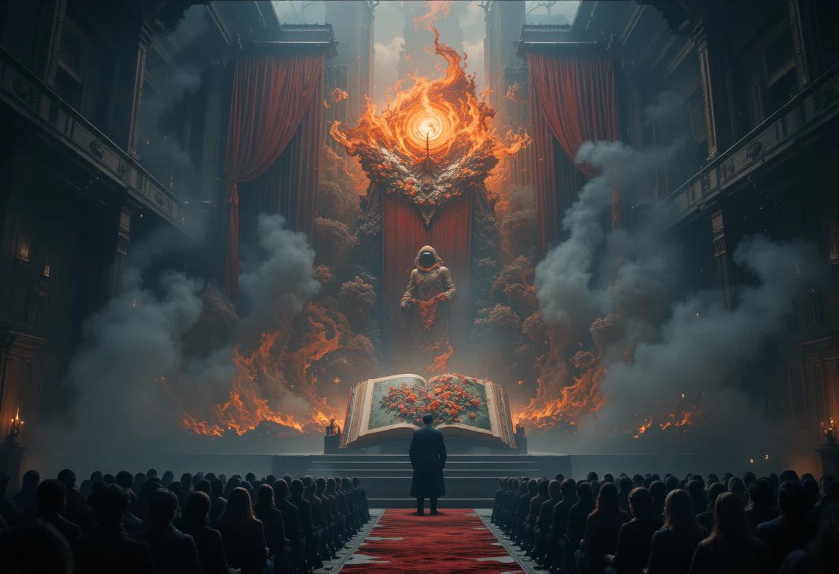 Misty great hall before a fiery celestial gateway stage