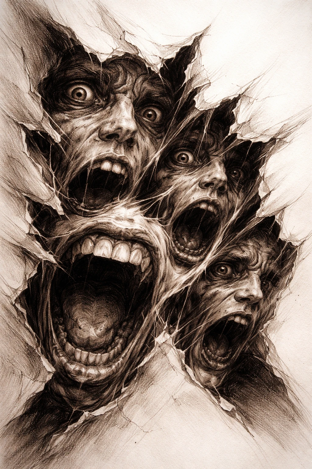 Fragmented pencil drawing of distorted screaming human faces