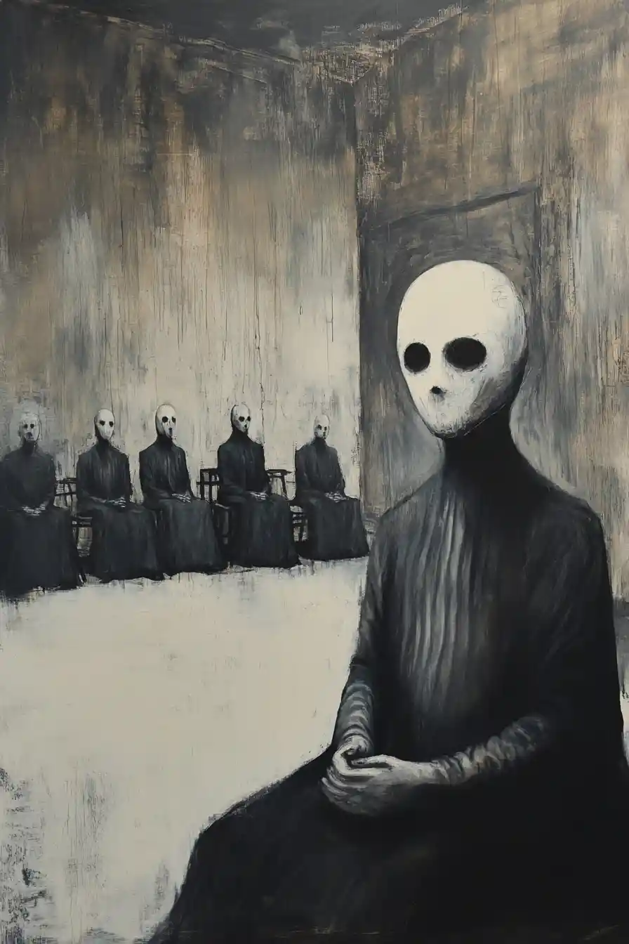 Featureless masked figure seated in a stark industrial room