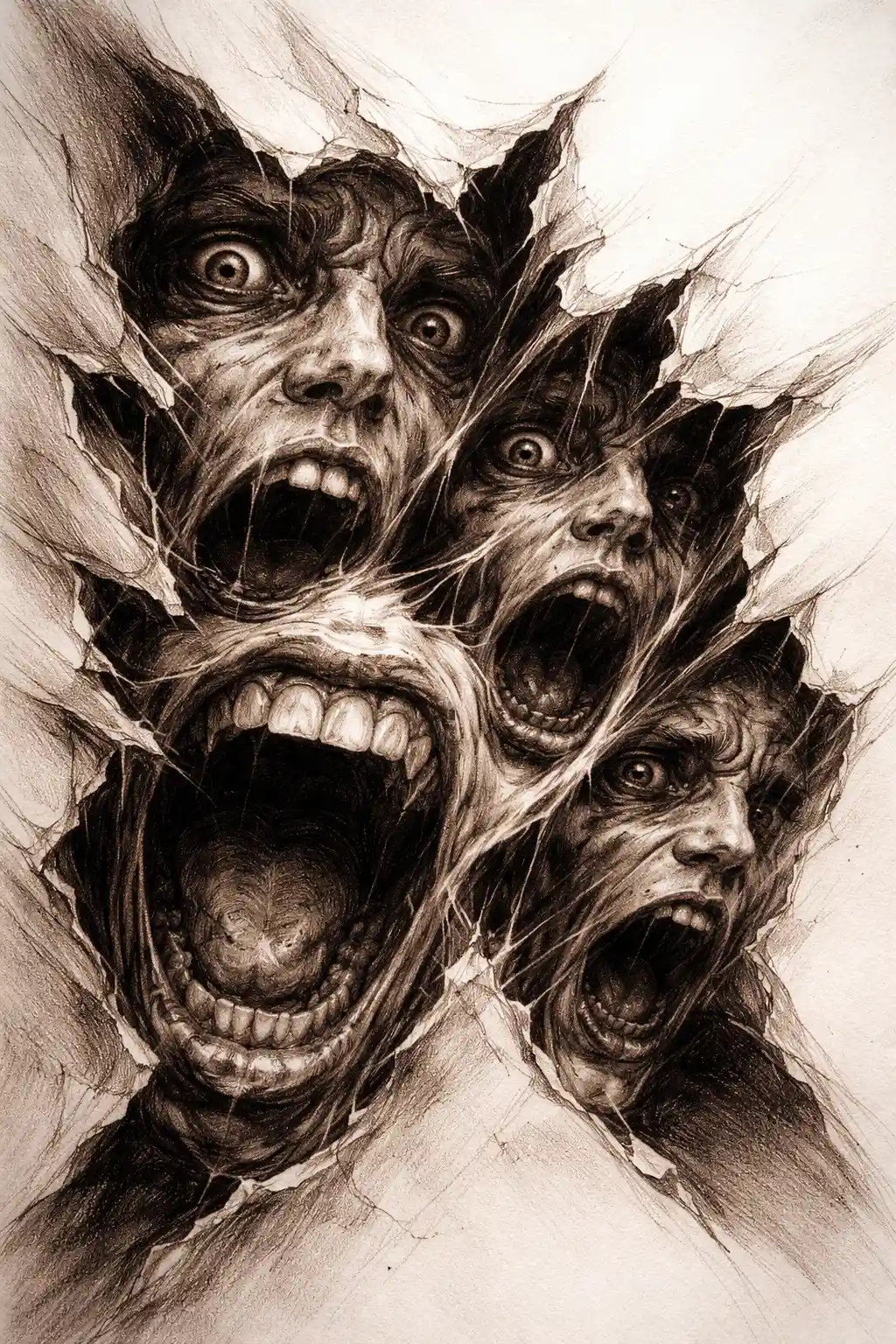 Fragmented pencil drawing of distorted screaming human faces