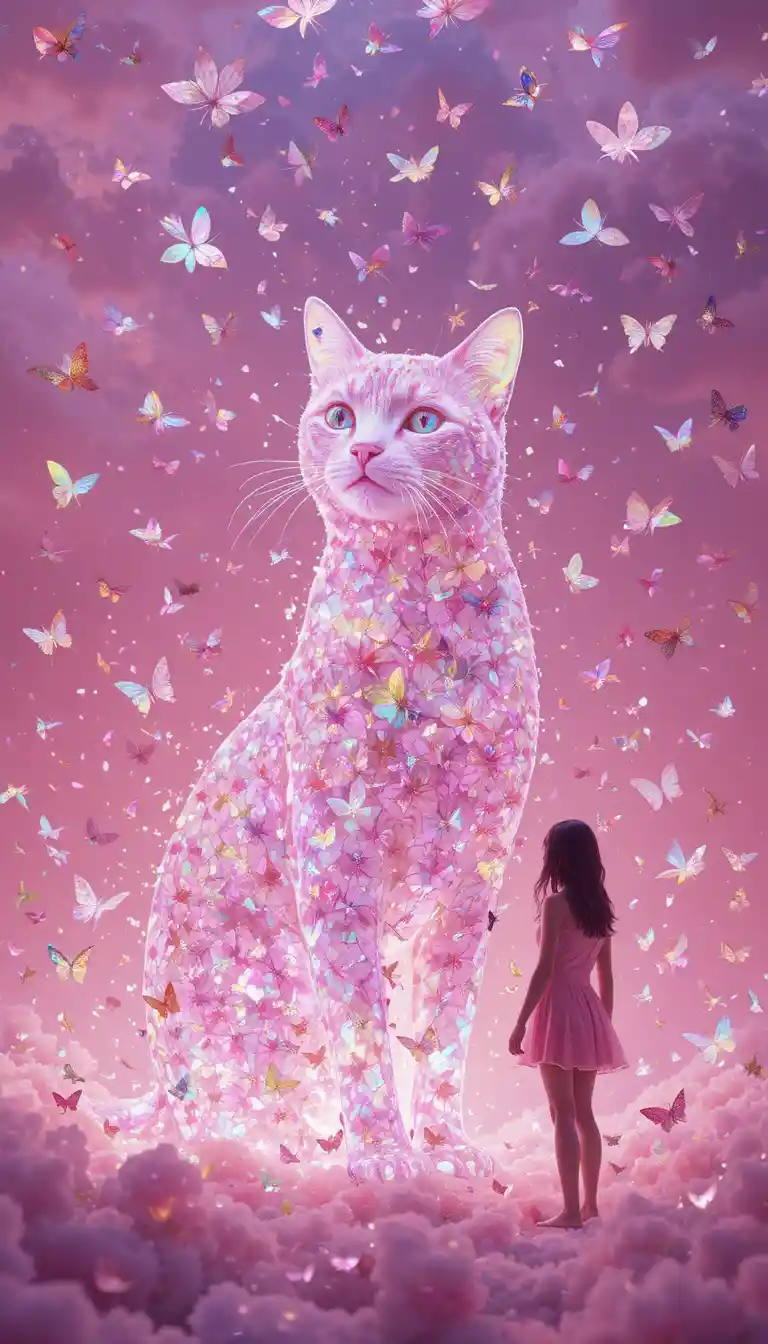 Pastel Cat Silhouette With Iridescent Butterflies In Pink Sky