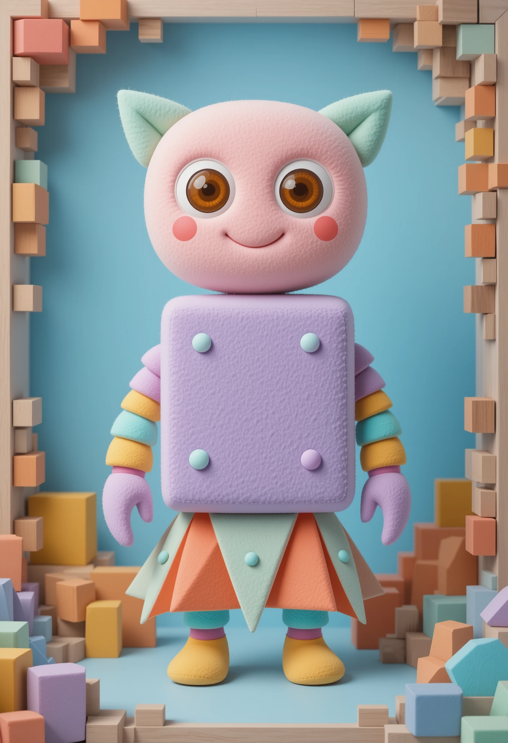 Geometric plush toy character on soft blue background