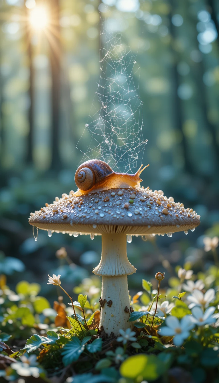 Grape snail on forest mushroom in sunny spring close up