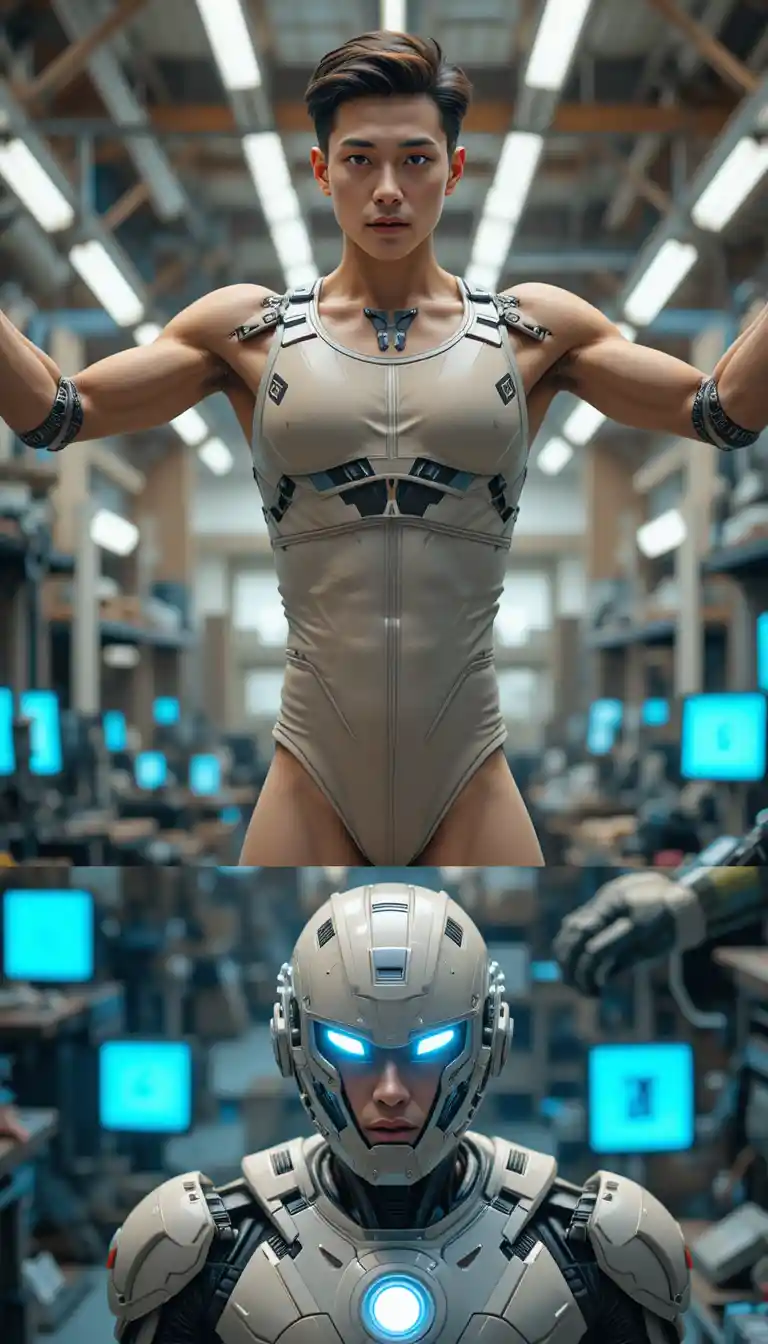 Cinematic sci fi woman in power armor in industrial workshop