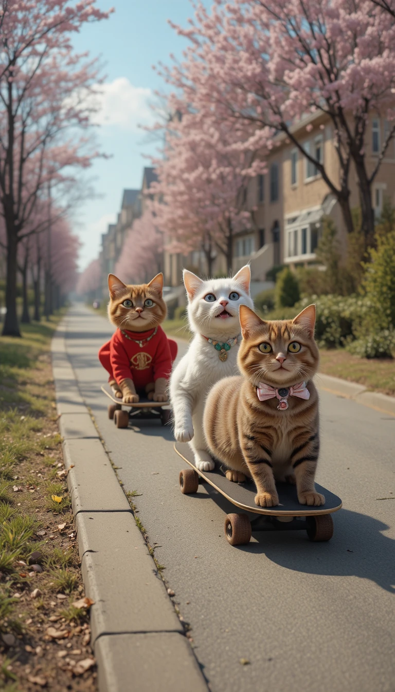 Three playful cats skateboarding down a city street hill