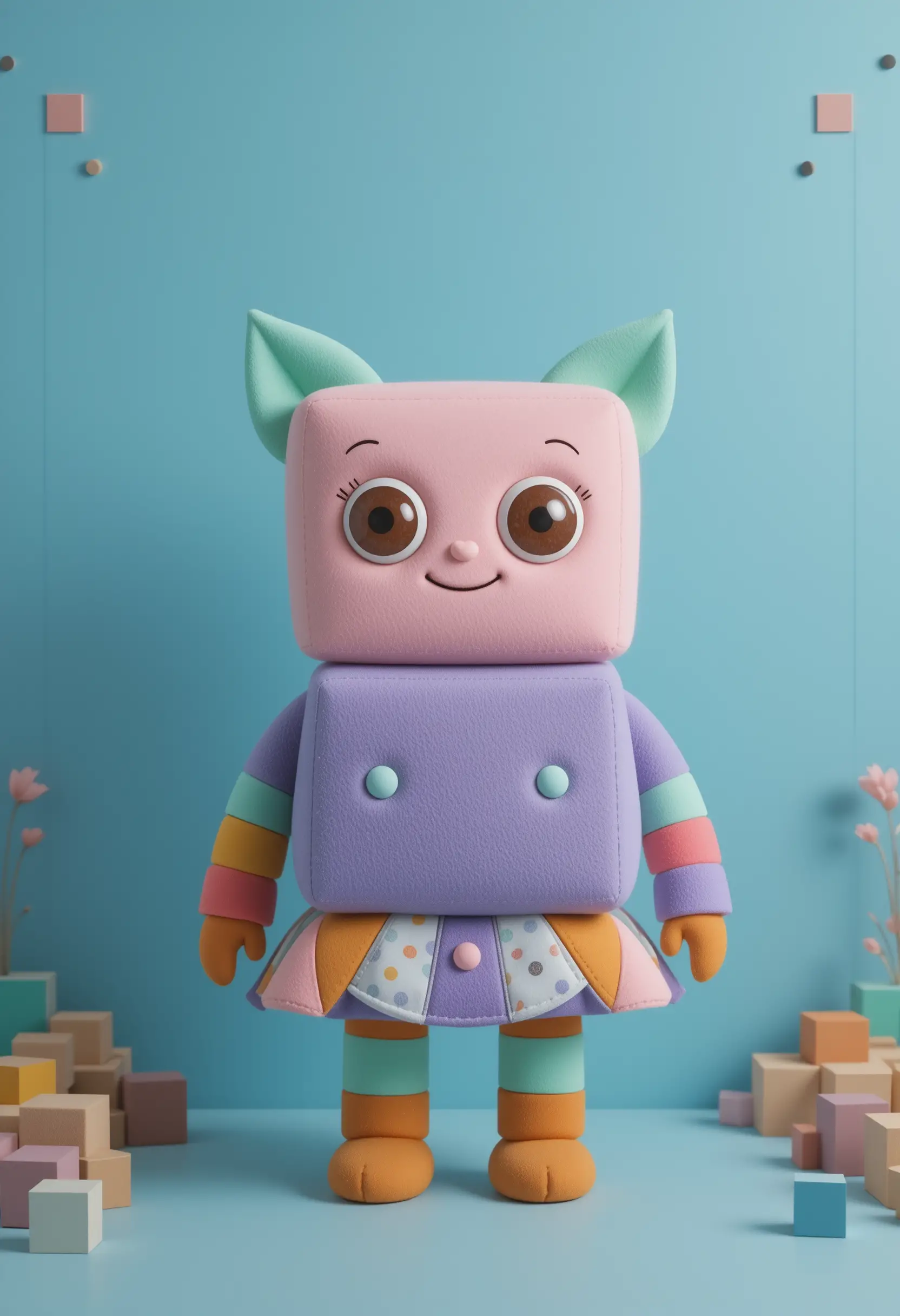 Geometric plush character on blue background with toy block frame