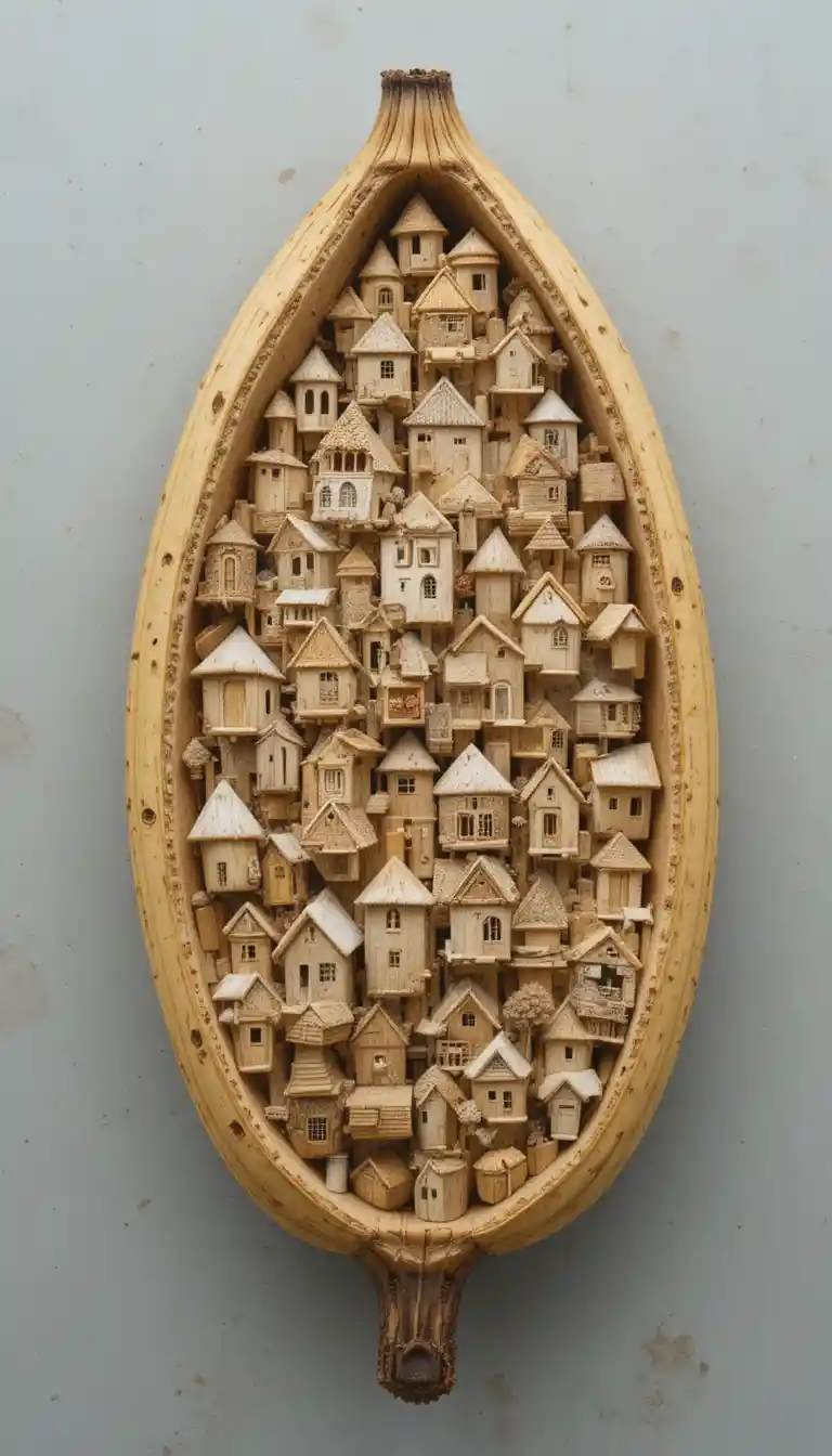 Surreal banana city carved into exposed fruit pulp