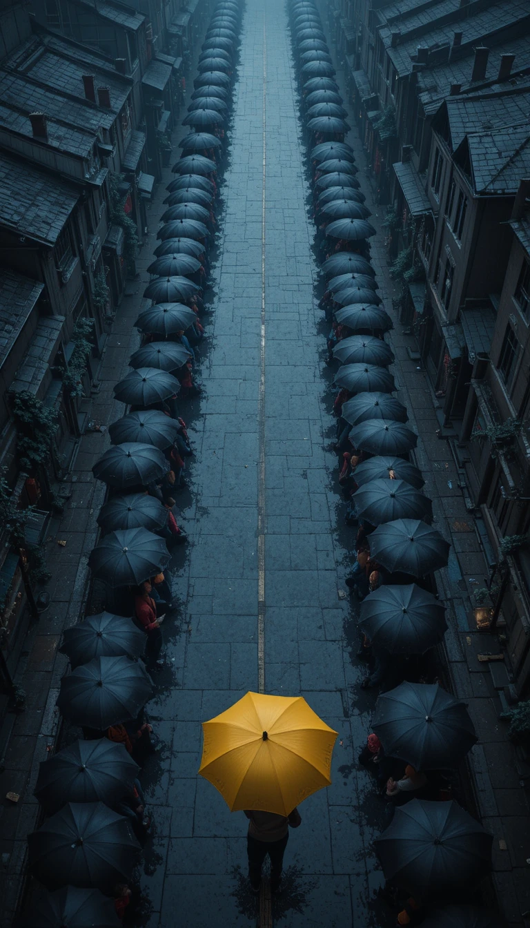 Aerial view of black umbrellas on a dark city street