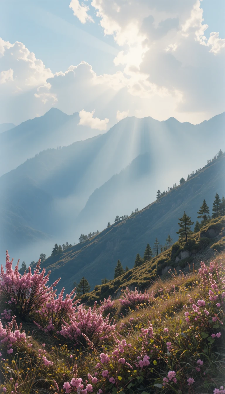 Sunlit misty Himalaya mountains on a calm spring morning