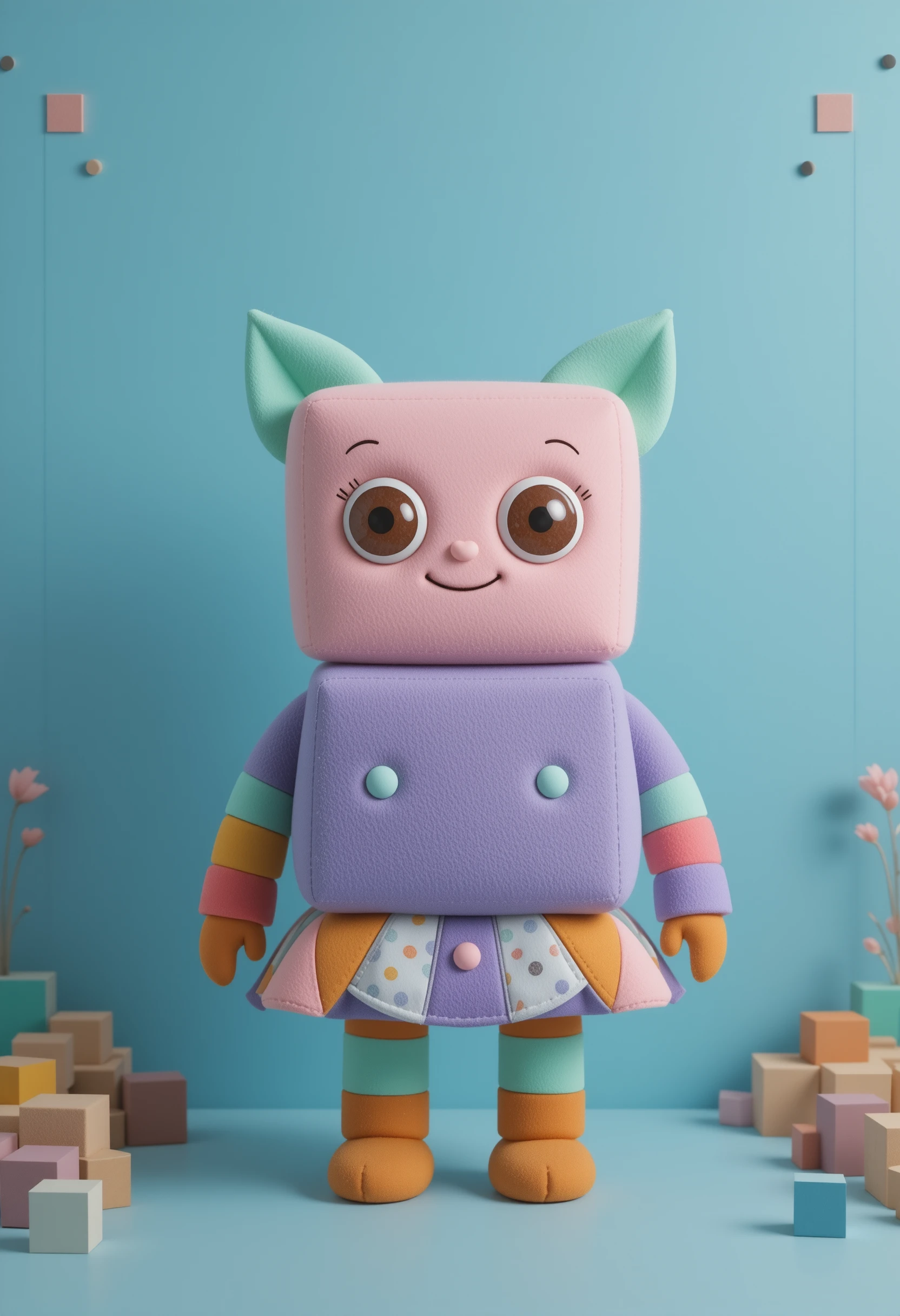 Geometric plush character on blue background with toy block frame
