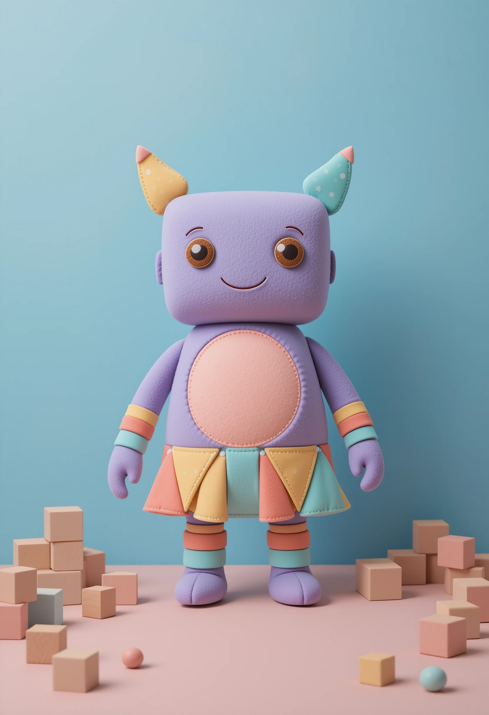 Geometric plush monster toy on soft blue abstract background